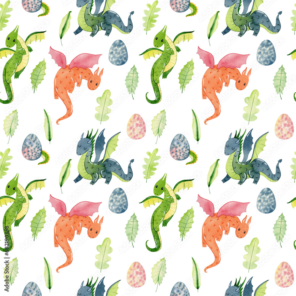 Watercolor seamless pattern with cute dragons. Hand drawn illustration Watercolor seamless pattern with cute dragons. Hand drawn illustration