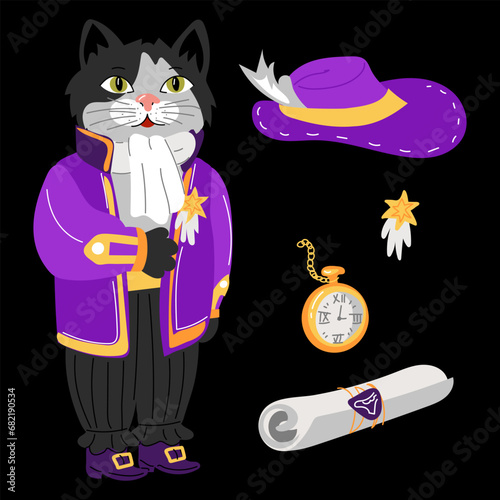 Cat in a retro ballroom costume. A noble outfit of the 19th century with additional accessories. Bundle, a watch, a hat, a reward. Ballroom outfits. Animals in ballroom costumes on a black background