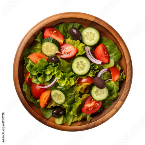Top view salad in wooden bowl isolated transparent, Generative AI