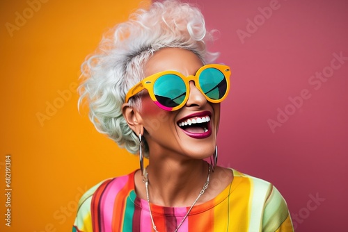 Portrait of a beautiful and gorgeous smiling, happy and pleasant woman with positive vibes. Human person dressed in fashionable, colorful and fun clothes. Generative AI, AI