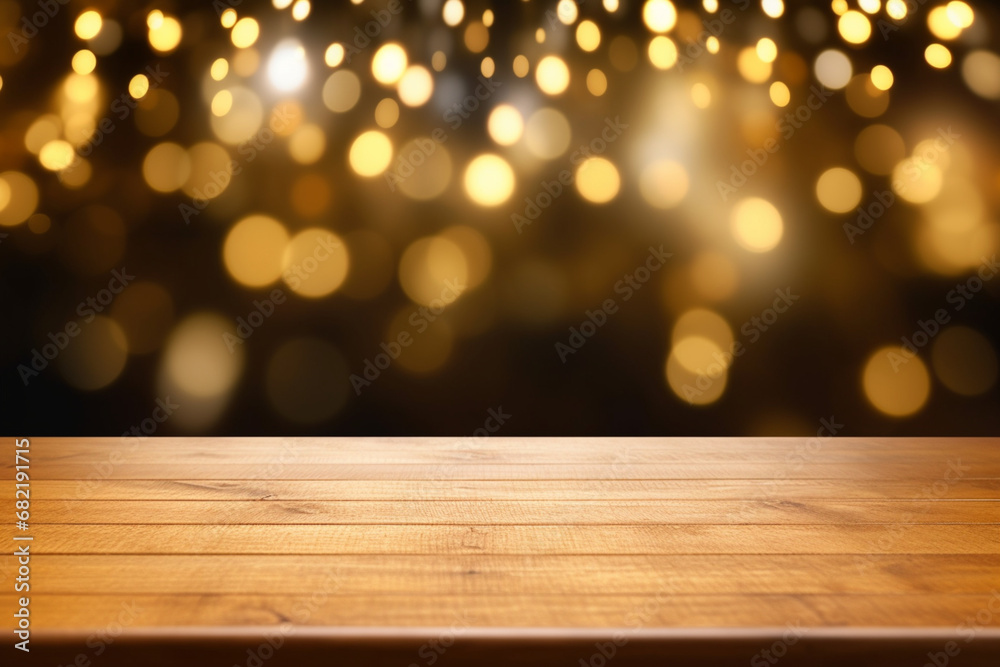 Empty rustic wooden table in front of christmas light night,abstract circular bokeh background Empty rustic wooden table in front of christmas light night,abstract circular bokeh background