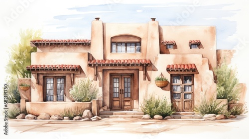 Charming Adobe Pueblo Home Watercolor Scene