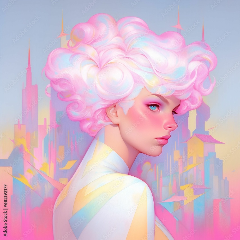 AI generated illustration of a female with an eccentric hairstyle against a colorful abstract backrg