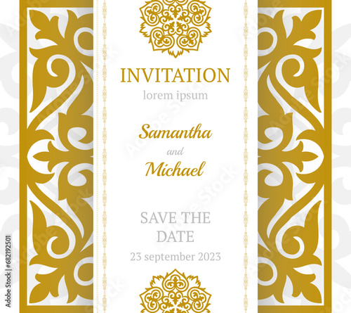 Vector luxury wedding invitation with mandala. Golden vintage greeting card on a white background. Vector abstract design elements. Great for invitation and greeting cards, packaging, flyer, wallpaper