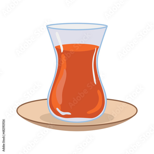 A glass of traditional Turkish tea on a saucer. Vector illustration in flat style on a white background. A recognizable hot drink common in the east.