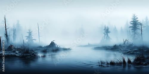Swamp with trees in misty fog at sunrise. Tranquil, moody landscape. Generative AI © AngrySun