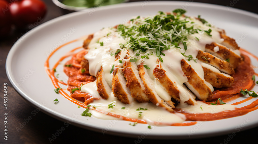 Chicken fillet with parmesan and mozzarella and sauce