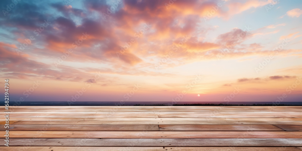 Wood table mockup with sunrise majestic sky background. Empty copy space for product presentation. Generative AI
