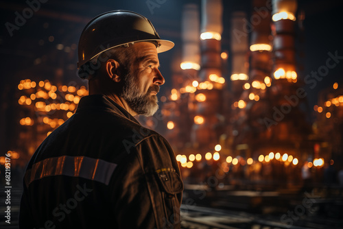 Engineer reading a blueprint against the background of a nuclear power plant under construction