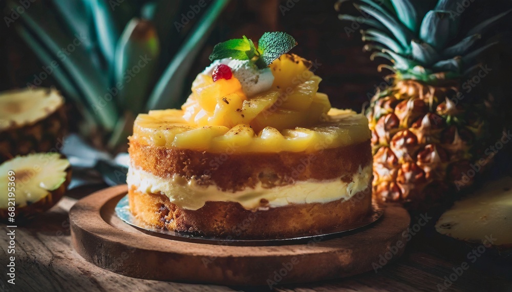 Fresh pineapple dessert with cream topping - obrazy, fototapety, plakaty 