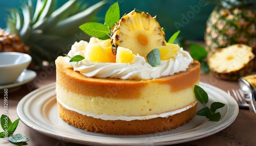 Fresh pineapple dessert with cream topping photo