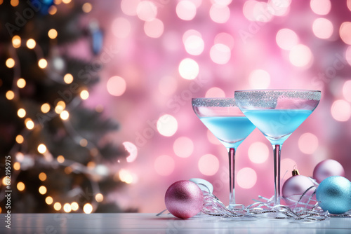 cocktail on white table, christmas tree and lights on background blue and pink, pastel created with Generative Ai