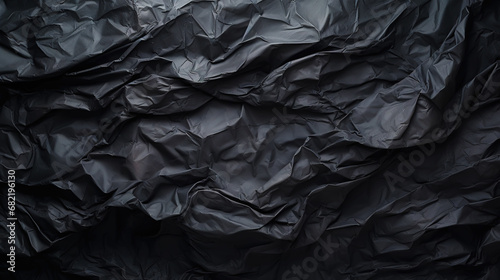 Black crumpled paper texture. Blank dark background with creases. Generative AI