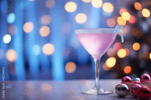 cocktail on white table, christmas tree and lights on background blue and pink, pastel created with Generative Ai