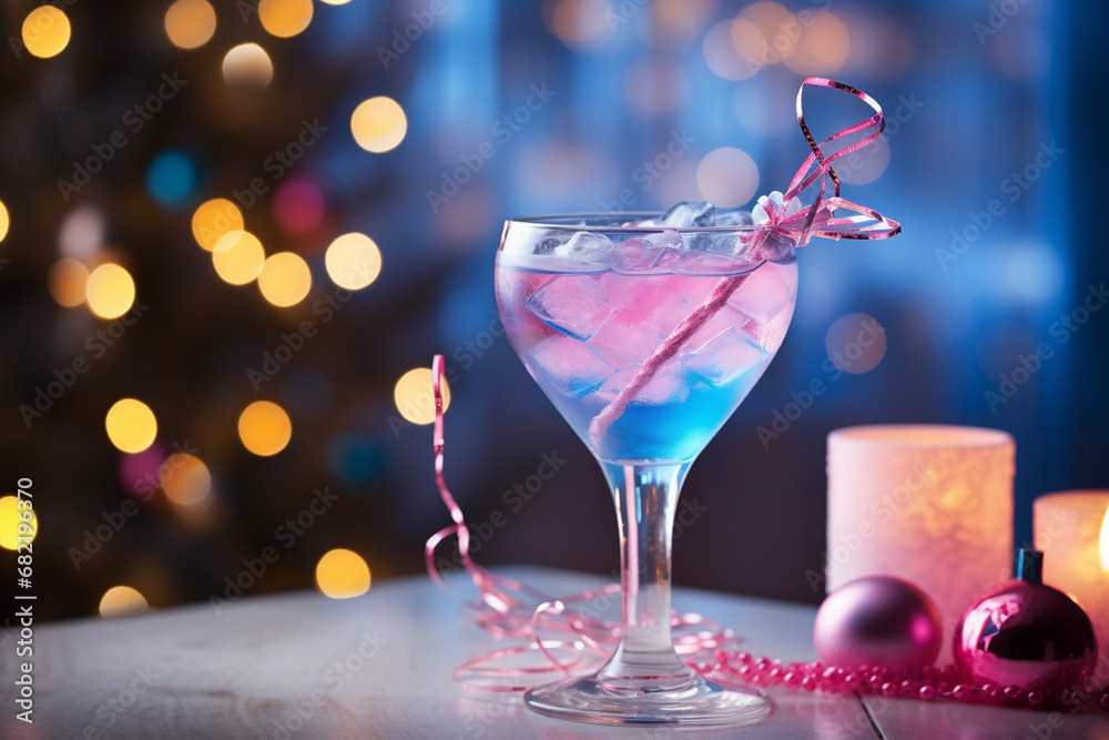 cocktail on white table, christmas tree and lights on background blue and pink, pastel created with Generative Ai
