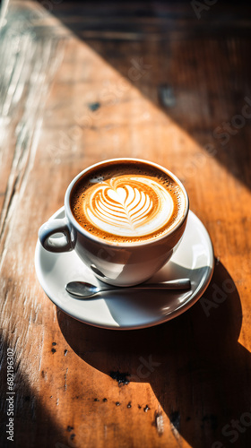 a cappuccino with latte art formed like a heart by a artistic barista on a wooden table in the morning sun photo