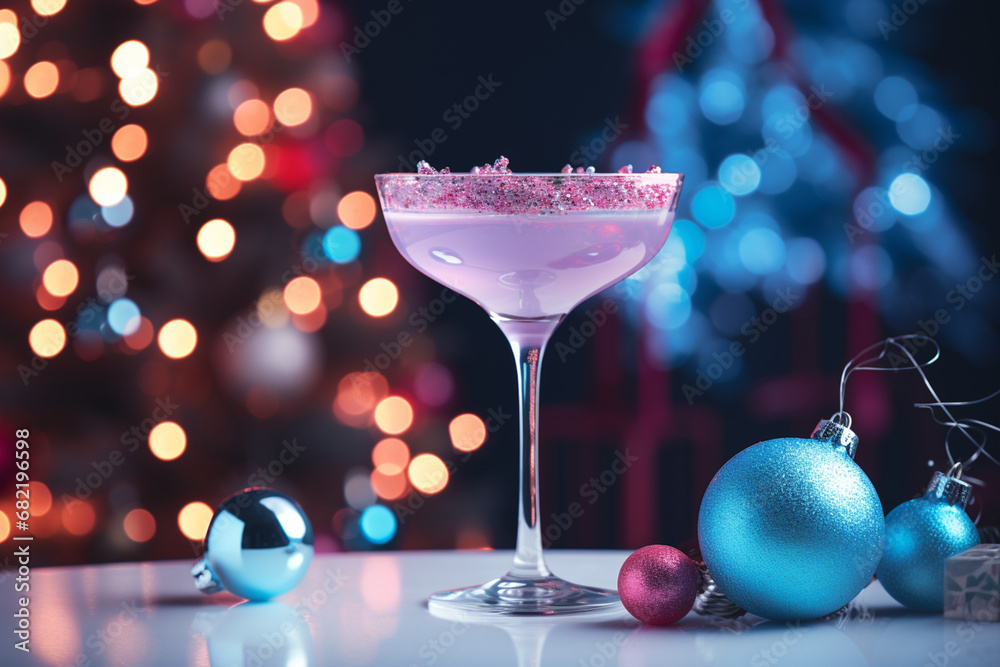 cocktail on white table, christmas tree and lights on background blue and pink, pastel created with Generative Ai cocktail on white table, christmas tree and lights on background blue and pink, pastel created with Generative Ai