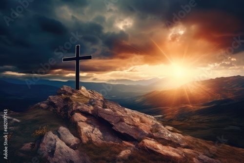 Silhouette of wooden christian cross, crucifix symbol on mountain against sunrise, sunset sky background. Death and resurrection of Jesus Christ. Easter concept. Church worship, salvation concept