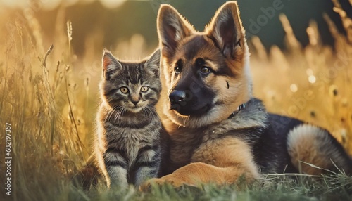 Puppy love German shepherd and kitten in the meadow