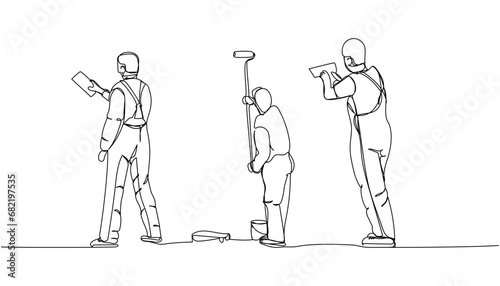 Set of puttying walls, leveling walls, worker in uniform, spatula, Steel Trowel, painter one line art. Continuous line drawing of repair, professional, hand, people, support, maintenance.