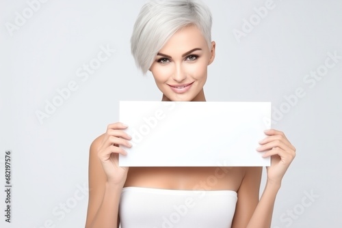 Happiness Very Attractive Woman Short Haircut, Gray Hair, Holding A White Blank Sign