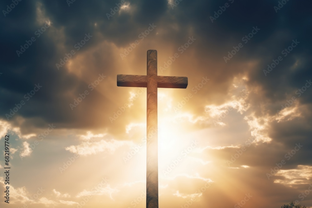 Silhouette of wooden christian cross, crucifix symbol on mountain against sunrise, sunset sky background. Death and resurrection of Jesus Christ. Easter concept. Church worship, salvation concept