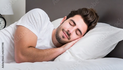 Sleepy man rests comfortably in white bed