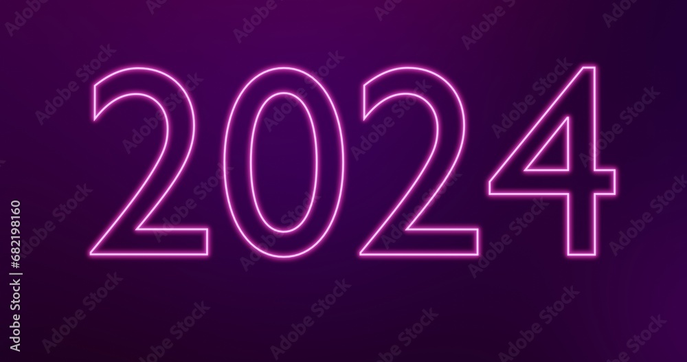 2024 neon retro sign isolated on blue and purple gradient background 8k resolution.