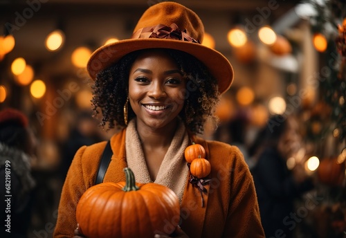 Smilling beautiful women wearing thanksgiving costume and hat, pumpkin and decoration on the background