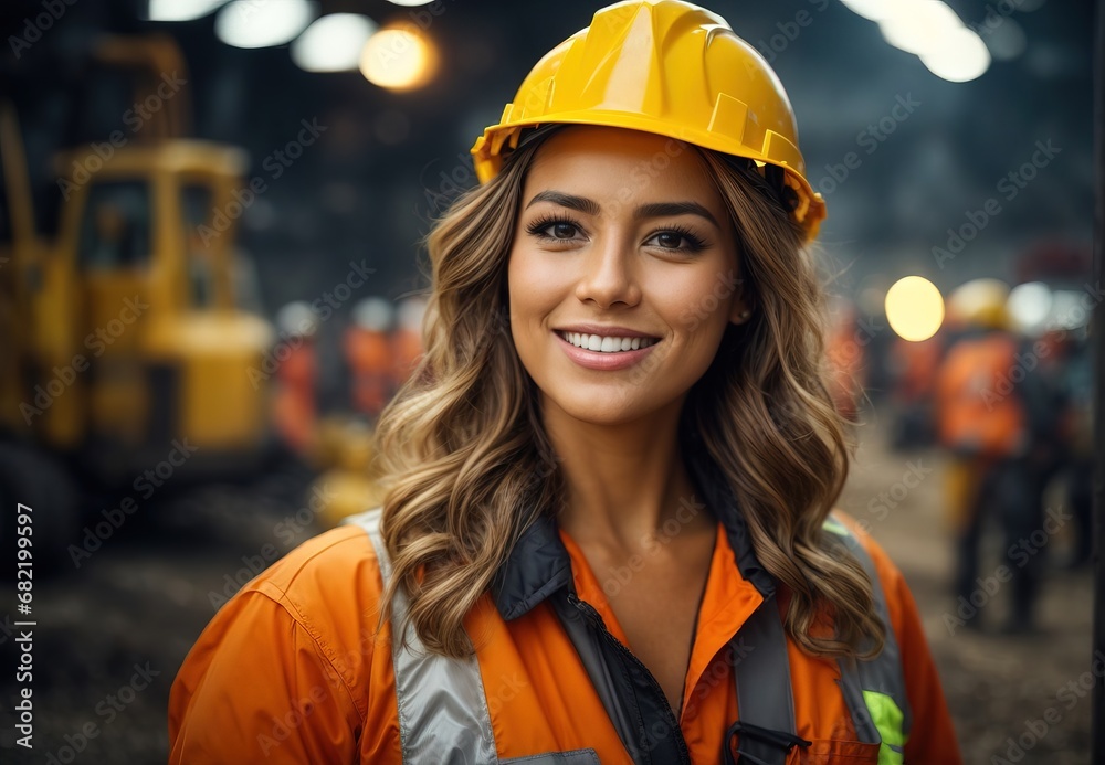 Smilling women wearing safety contsruction worker, Blurred crowd of worker on the background Smilling women wearing safety contsruction worker, Blurred crowd of worker on the background