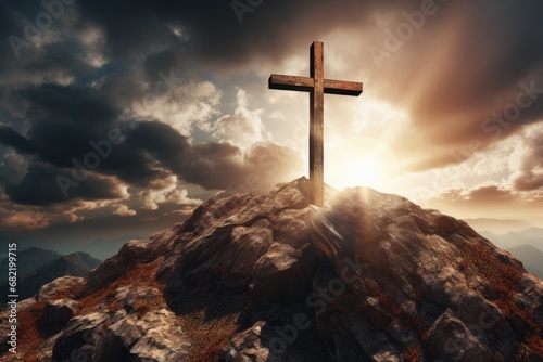 Silhouette of wooden christian cross, crucifix symbol on mountain against sunrise, sunset sky background. Death and resurrection of Jesus Christ. Easter concept. Church worship, salvation concept