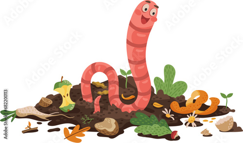 Cartoon earth worm character eating compost or bio organic wastes for vermicomposting, vector poster. Funny happy earthworm in compost soil with compostable organic garbage and food scraps
