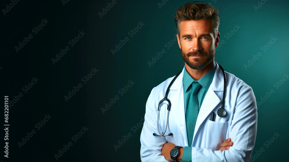 Attractive male doctor in a white coat on a dark blue isolated background, gorizontal web banner with copyspace for text Attractive male doctor in a white coat on a dark blue isolated background, gorizontal web banner with copyspace for text