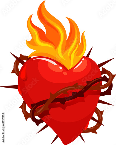 Mexican sacred heart tattoo and symbol of Mexico culture and religion art, vector icon. Sacred heart in thorns and burning fire flame, Corazon Milagro Mexican religious sign of Jesus and God love photo