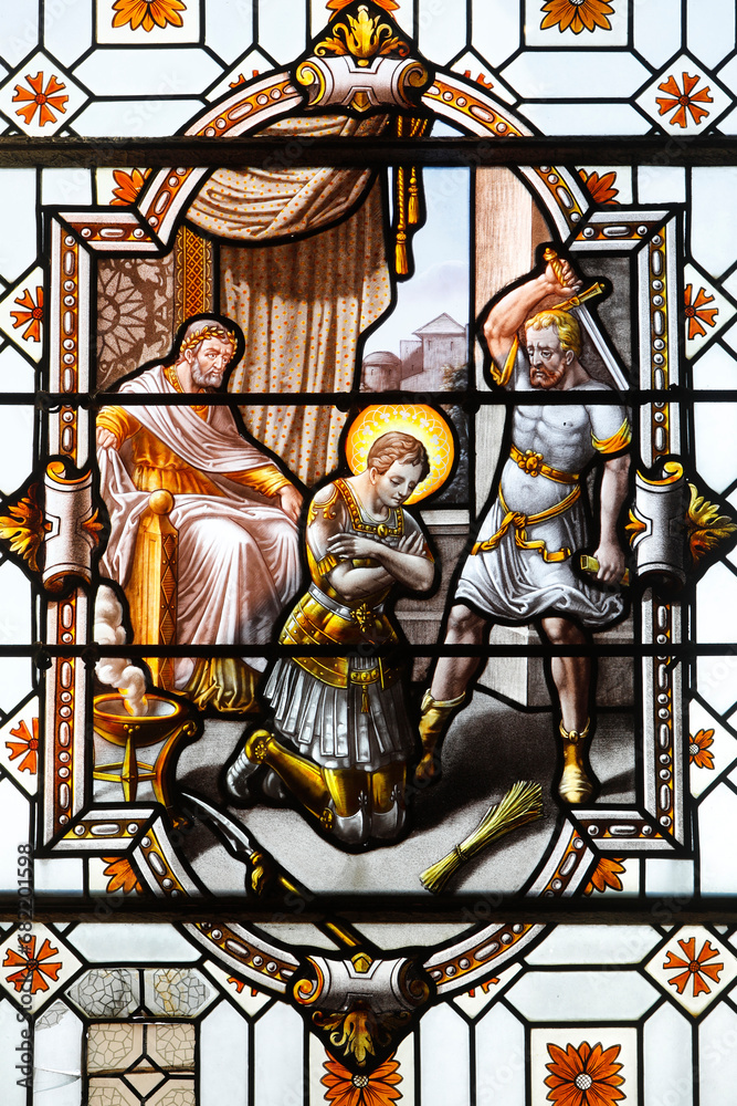 St George's church, Saint-Georges-du-Vivre, Eure, France. Stained glass depicting Saint George's beheading.