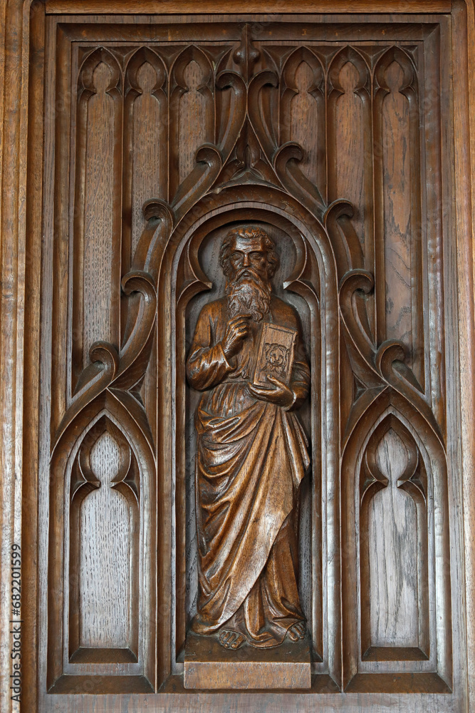 St George's church, Saint-Georges-du-ViÃ¨vre, Eure, France. Pulpit wood carving detail.