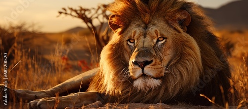 In the vast grasslands of Africa, a sad lion with a weary gaze lay down to sleep, his mane drooping with melancholy, bored of the restless hunt. Seeking solace, he sought to relax and find rest, tired