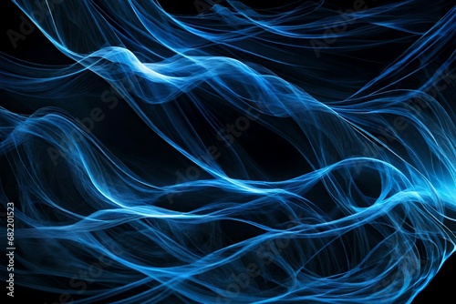 Abstract flow of blue light in waves for texture elements as background against black, symbolic for renewable energy.