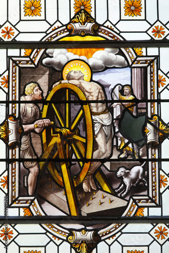 St George's church, Saint-Georges-du-Vivre, Eure, France. Stained glass depicting the life of Saint George.