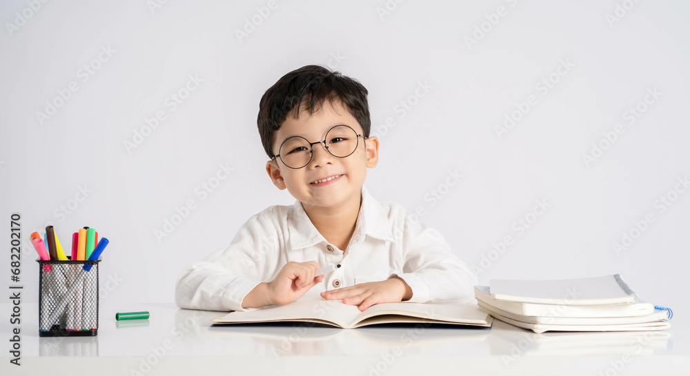 Portrait of an Asian boy studying on a white background Portrait of an Asian boy studying on a white background