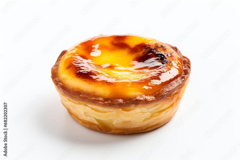 a single handcrafted pastel de nata, captured from a close-up angle. Isolated against a white background a single handcrafted pastel de nata, captured from a close-up angle. Isolated against a white background