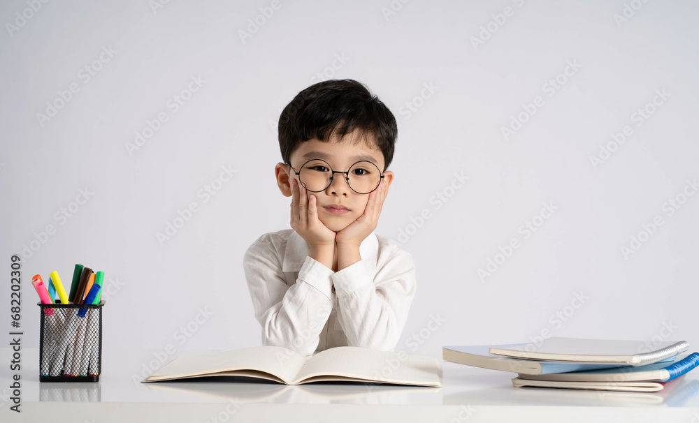 Portrait of an Asian boy studying on a white background Portrait of an Asian boy studying on a white background
