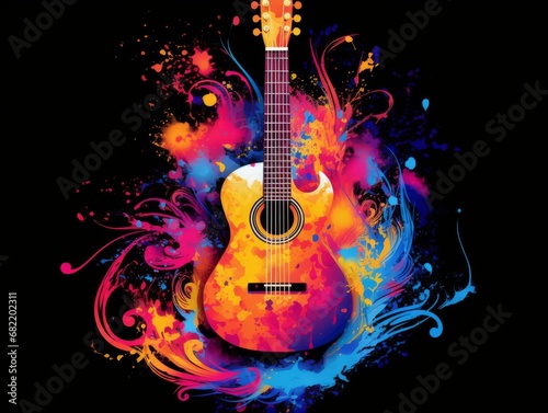 Musical Inferno: Silhouetted Guitar Ignited with Flames and Multicolored Splash Paint Illustration Generative AI