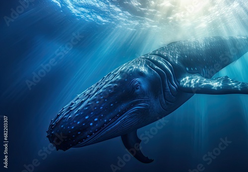 Humpback whale playing near the surface in the blue water of the ocean photo