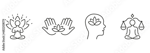 Person Meditate In Lotus Position, Wellness Line Icon Set. Mental Health And Yoga Pictogram. Calm Mind Outline Sign. Zen Pose Symbol. Editable Stroke. Isolated Vector Illustration