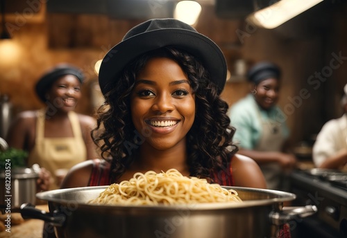 Black women make pasta wearing apron, blurred kitchen on the background