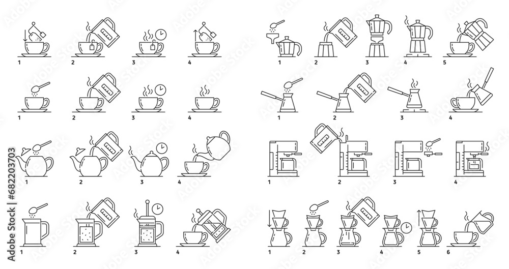 Make tea and coffee brew, preparation instruction and brewing process vector icons. Tea and coffee brew instruction icons of hot water cup or teabag with kettle pot and temperature or time of brewing - obrazy, fototapety, plakaty 