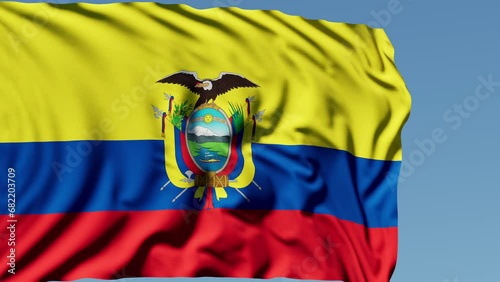 Close-up of the national flag of Ecuador flutters in the wind on a sunny day , 4k slow motion photo