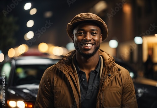 Handsome black men model, street city view and car on the background