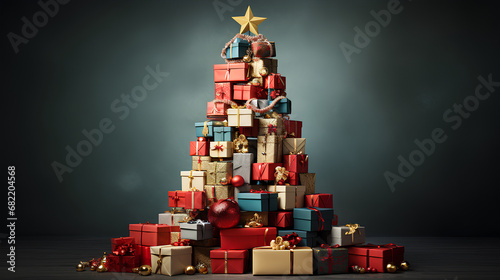 Christmas tree made of gifts. Christmas decoration and Christmas gifts. Christmas tree made up of gifts.